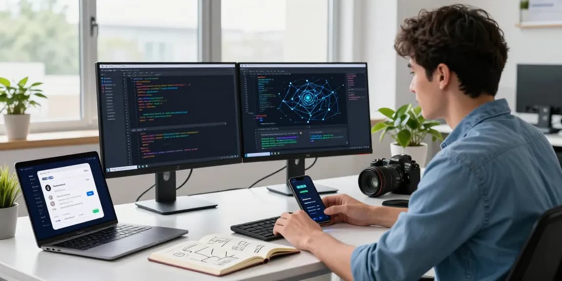 快连 software developer working on dual screens in a modern office, showcasing tech efficiency and innovation.