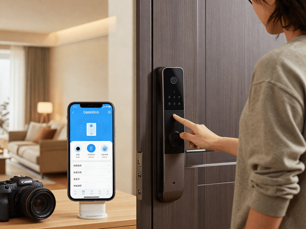 قفل هوشمند showcased on a modern front door in a stylish living room with various smart home devices.