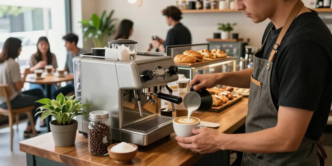 Does White Coffee Have A Lot of Caffeine? Barista preparing white coffee with latte art in a cozy café.