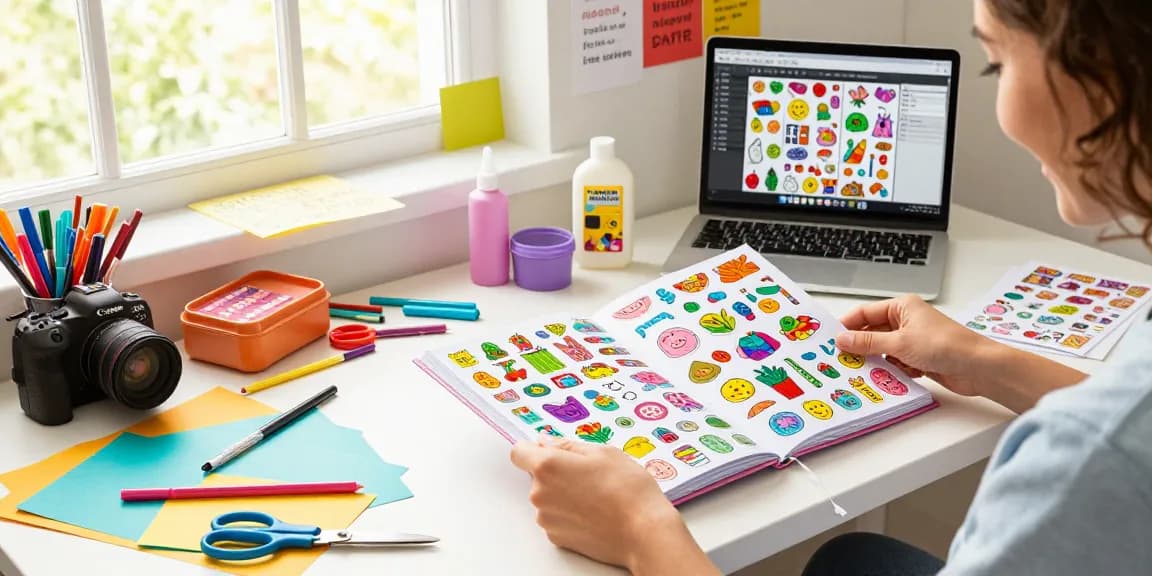 A person arranging a reusable sticker book in a colorful craft room, showcasing vibrant stickers and art supplies.