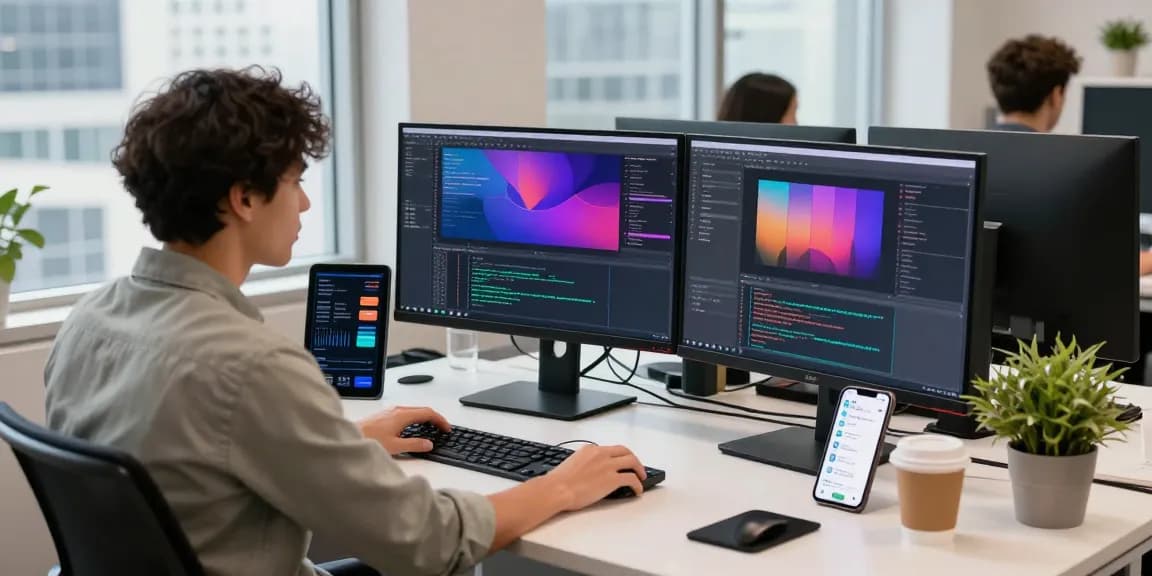 快连 software screen with vibrant debug code in a modern tech workspace.