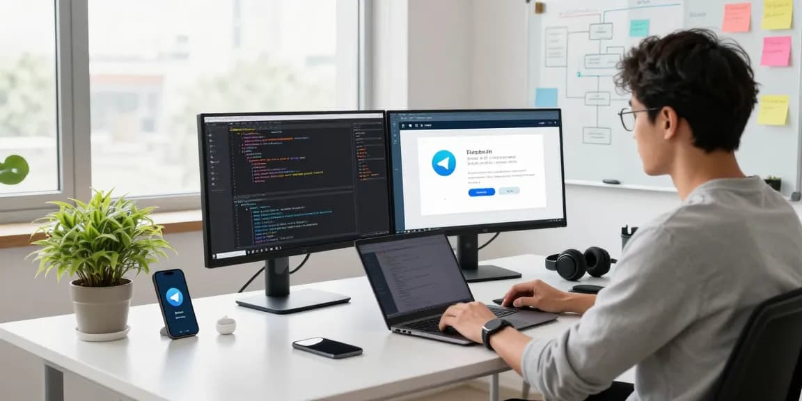 Developer working on telegramin-cn.com with monitors showing coding and Telegram interface in a modern workspace.