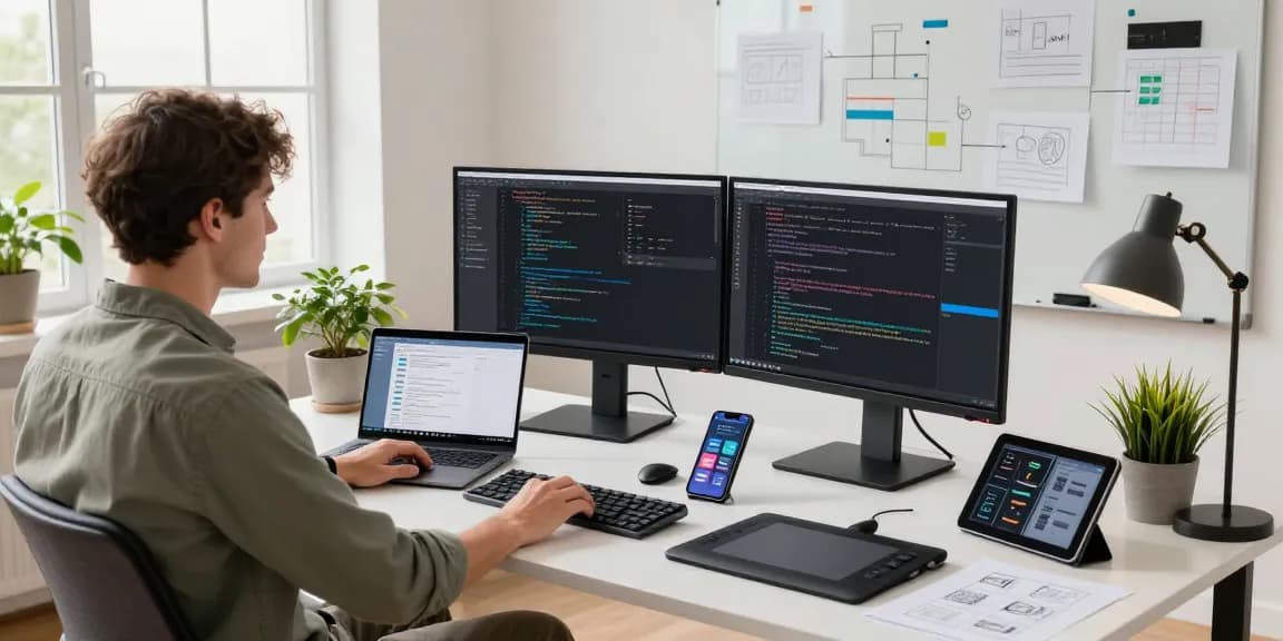 Developer working in a modern workspace for telegraimin.com, showcasing innovative software design and collaboration.