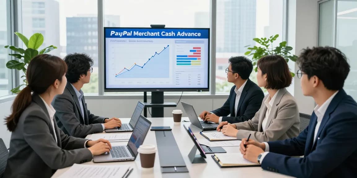 Business professionals discussing PayPal merchant cash advance strategy in a modern office.