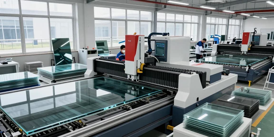 CNC glass cutting machine in a modern glass processing facility with technicians operating machinery efficiently