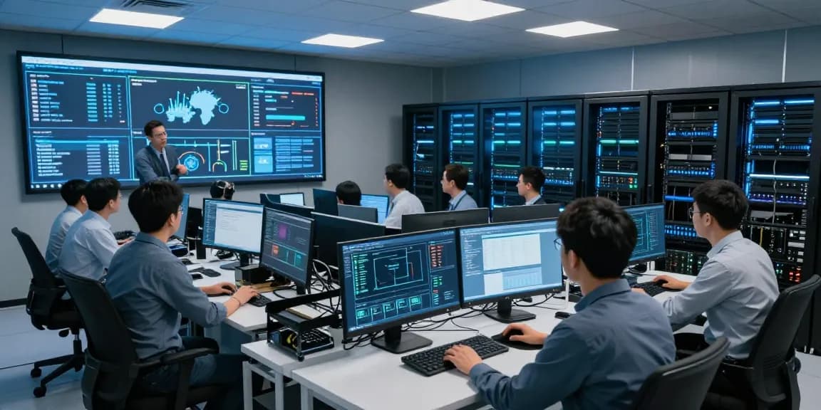 Monitoring rokok 88 server infrastructure with IT professionals in a high-tech server room.