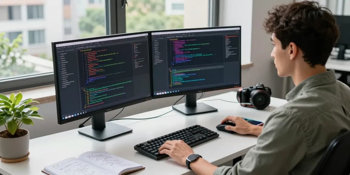 Raja328 software developer immersed in coding at a modern workspace