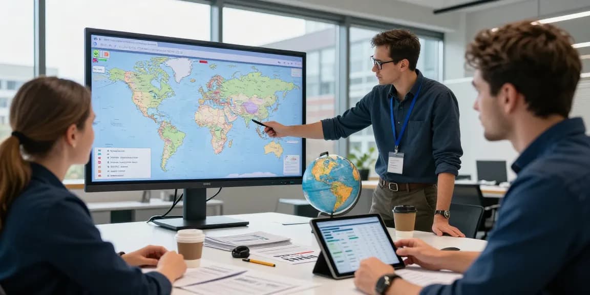 Internationaler Transport Dortmund - Professionelles Logistikteam arbeitet an grenzüberschreitenden Lieferstrategien in modernem Büro.