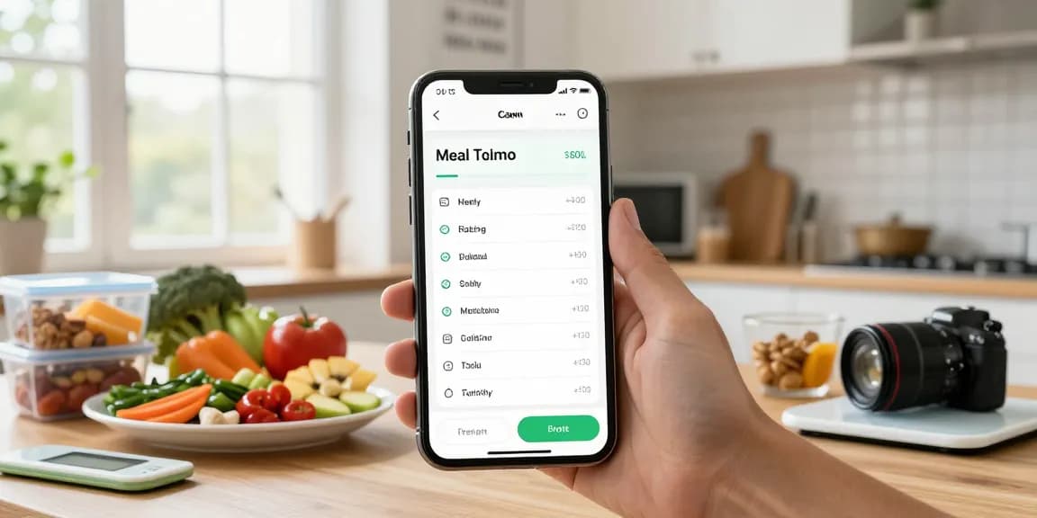 Engaging user tracking macros with the best macro tracking app in a modern kitchen.