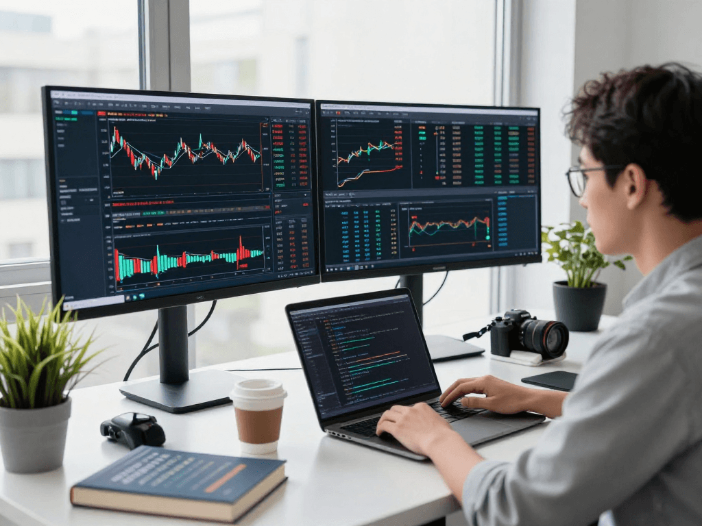 Developer analyzing HK stock backtesting API data in a modern workspace with multiple screens and coding software.