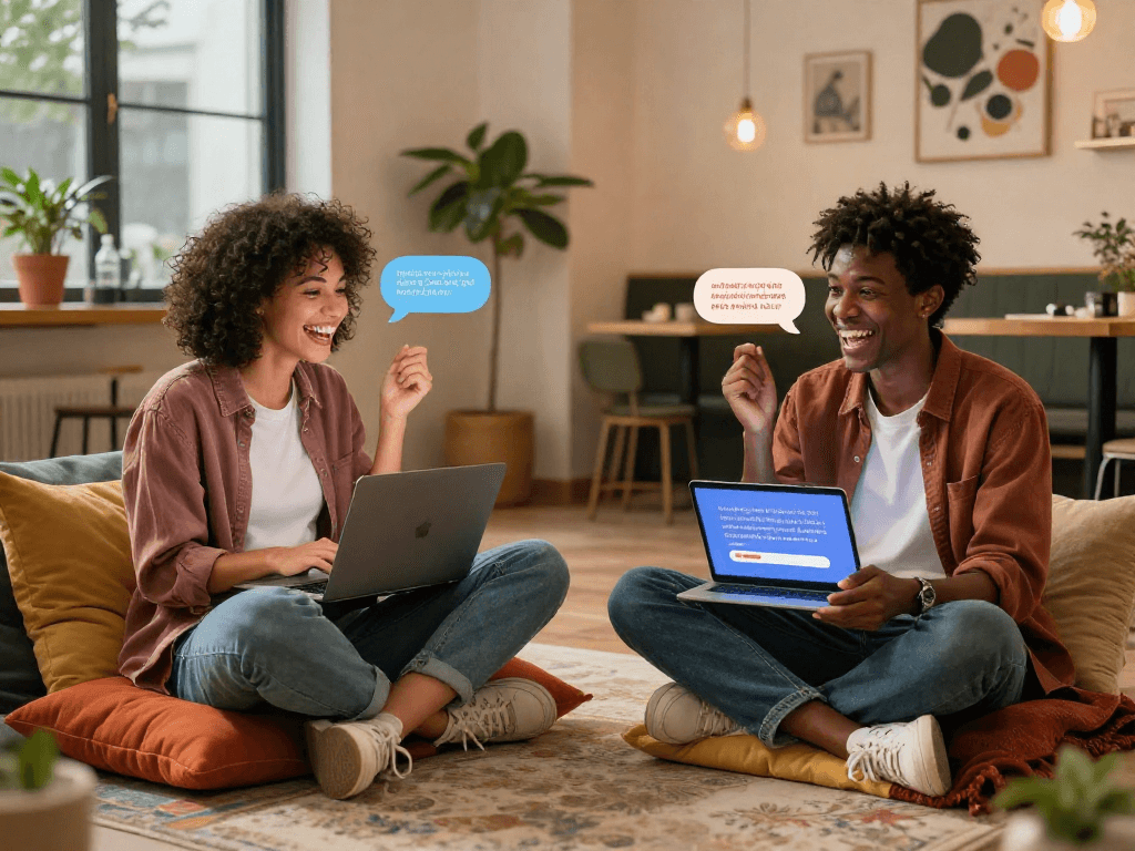 Engaging in free AI sex chat, people connecting through digital devices in a cozy atmosphere.