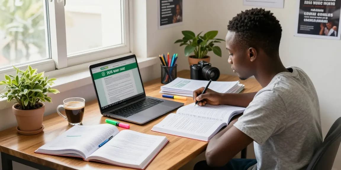 Focused student studying for 2026 waec runz in a bright, inviting workspace filled with books and notes.