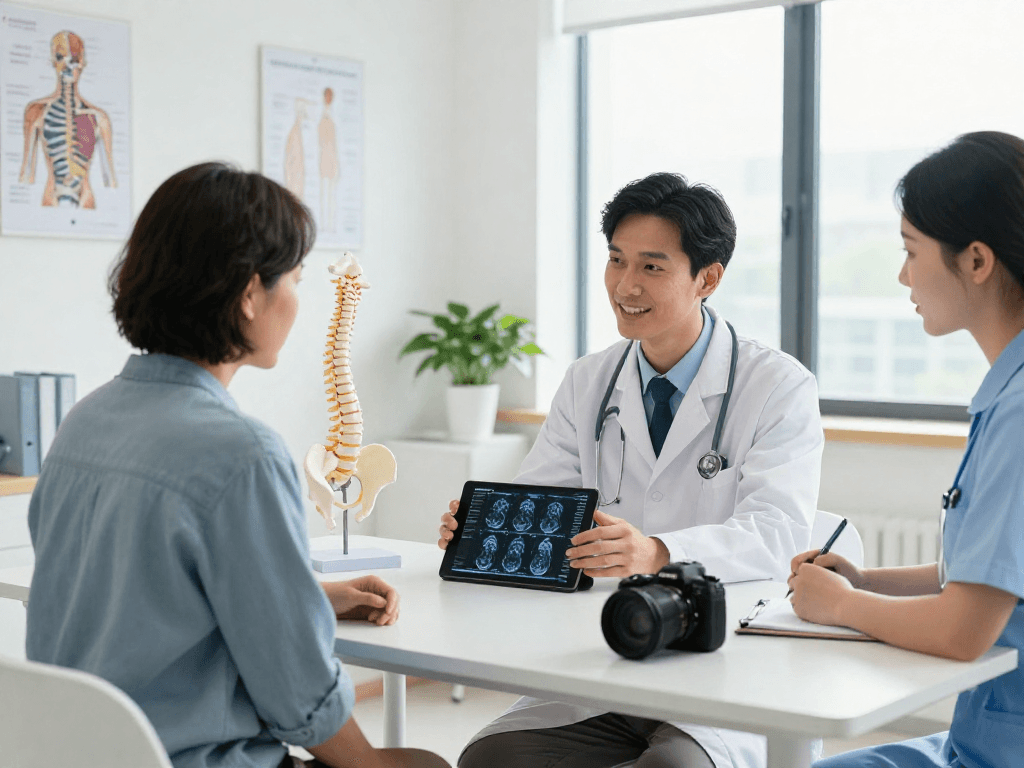 Consultation for bel kayması ameliyatı with orthopedic surgeon in a bright clinic.