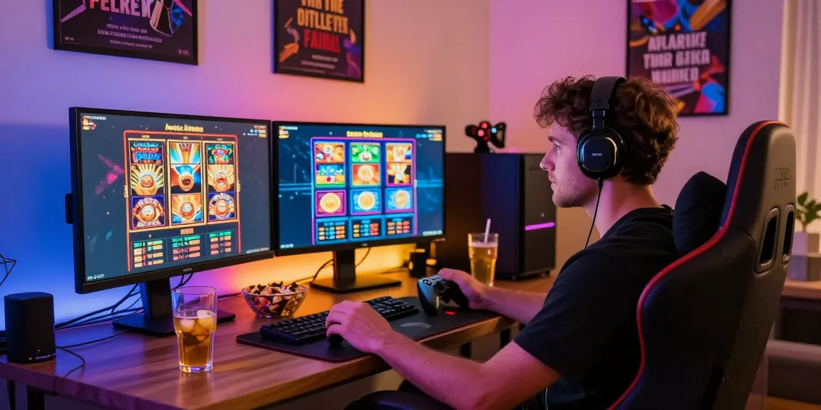 Engaging home gaming scene showcasing info slot excitement with dual monitors and vibrant atmosphere.