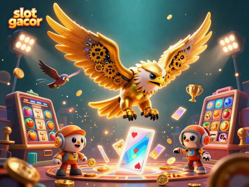 Slot gacor dengan permainan slot menarik dan simbol keberuntungan dalam ilustrasi 3D yang menarik