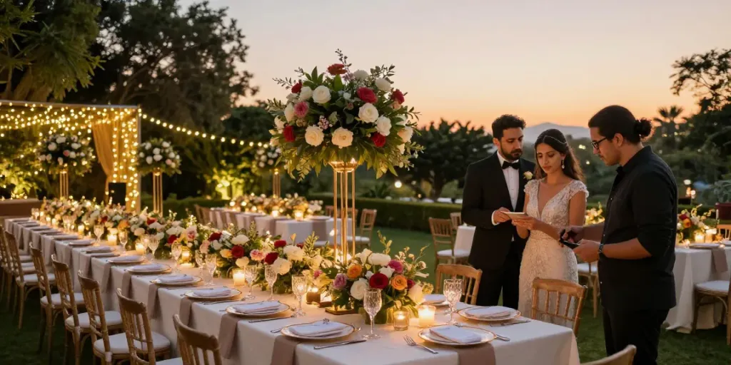 Stunning outdoor wedding setup with decorations emphasizing event rental ksa.
