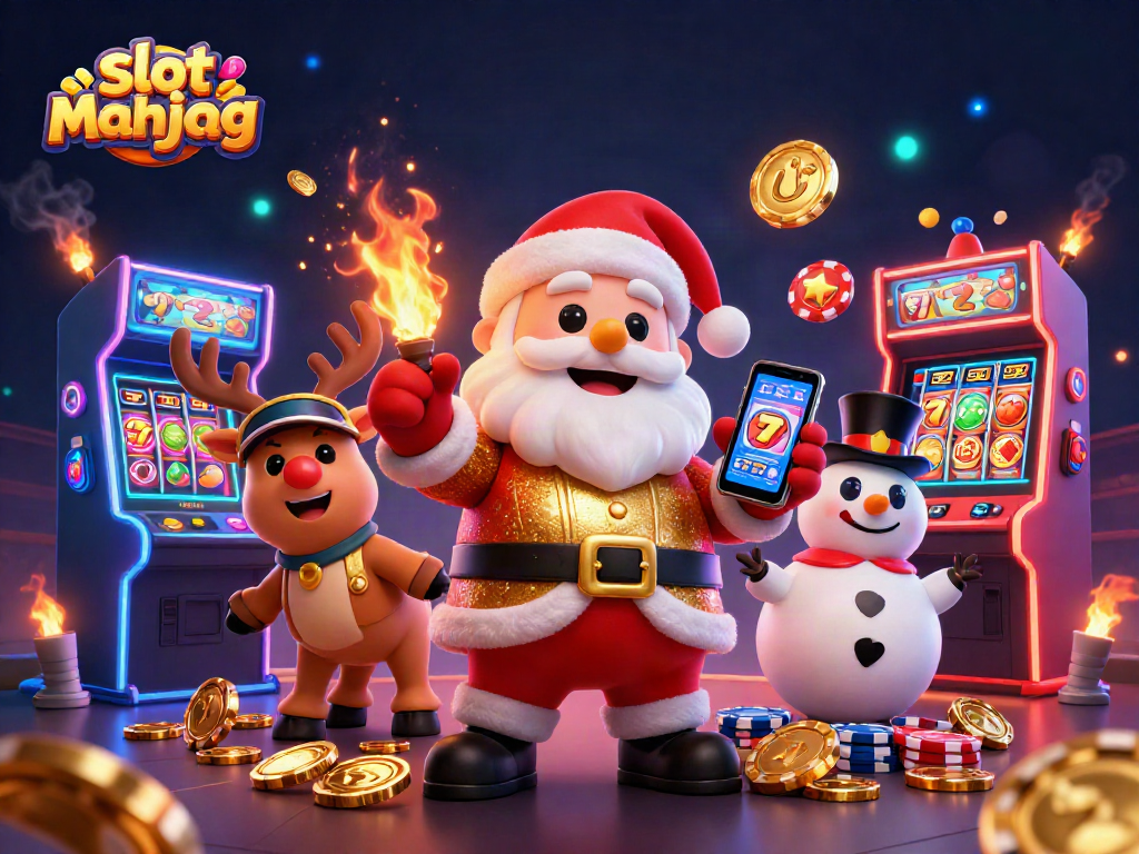 Spin the slot mahjong reels with Santa Claus and friends enjoying a vibrant casino scene.