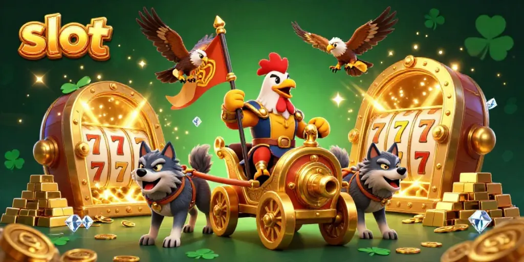 Experience thrill and excitement with a vibrant slot scene featuring a cartoon rooster warlord and golden treasures.
