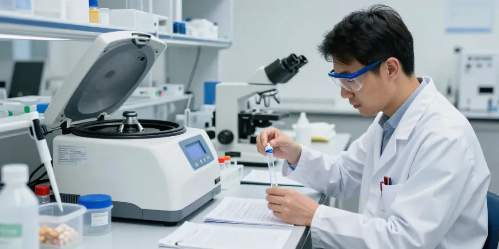Scientist using Swiss Chems peptides in a high-tech lab environment.