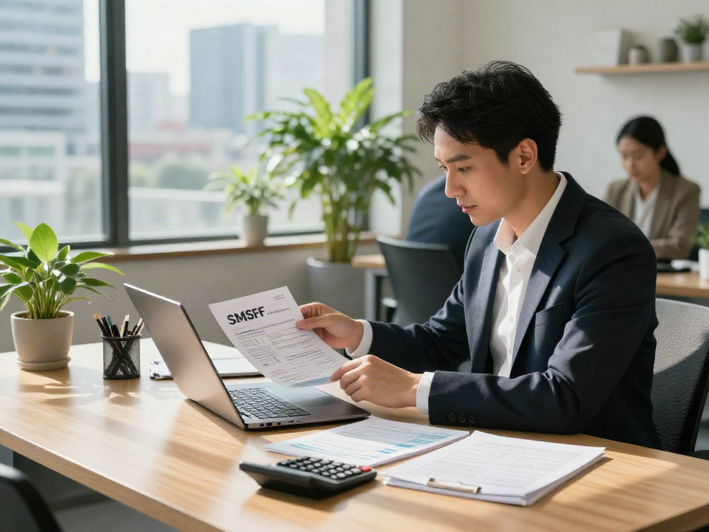 SMSF Accountant analyzing financial statements in a professional office environment