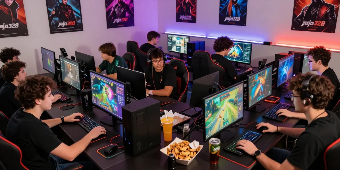 Players engaged in lively discussion about raja328 at a colorful gaming hub.