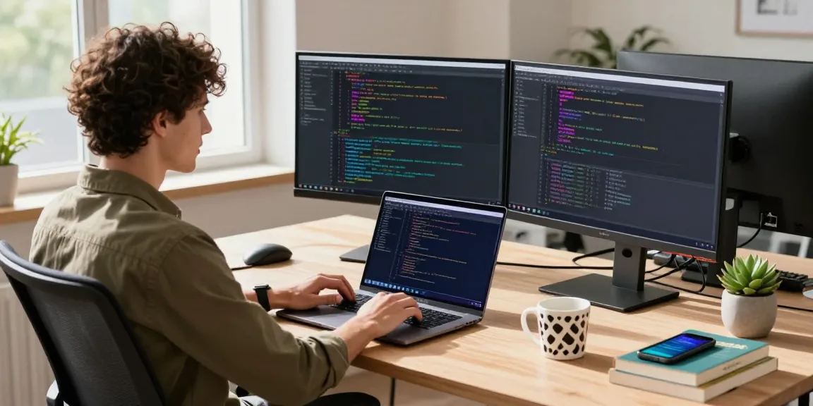 Dynamic tech workspace with a developer coding on a laptop, showcasing the features of 纸飞机中文版 in a modern office.