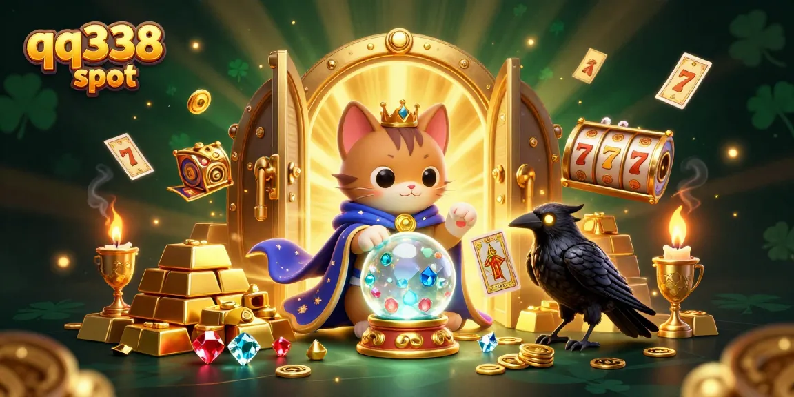 Experience excitement with qq338 slot featuring a dynamic casino scene of winning symbols and fortune tellers.