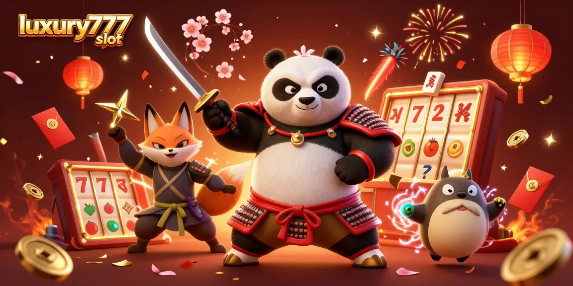 Experience the excitement of the luxury777 slot with vibrant samurai and fox characters in a dynamic casino scene.