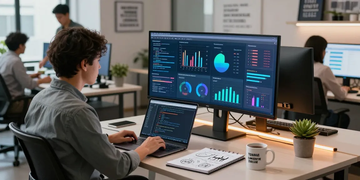 Data analyst using kecak4d technology in a modern workspace, showcasing innovative dashboard and collaboration.