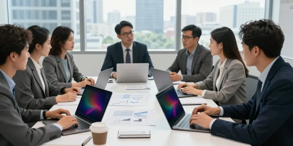 Turnaround consulting firm team discussing strategies in a modern office.