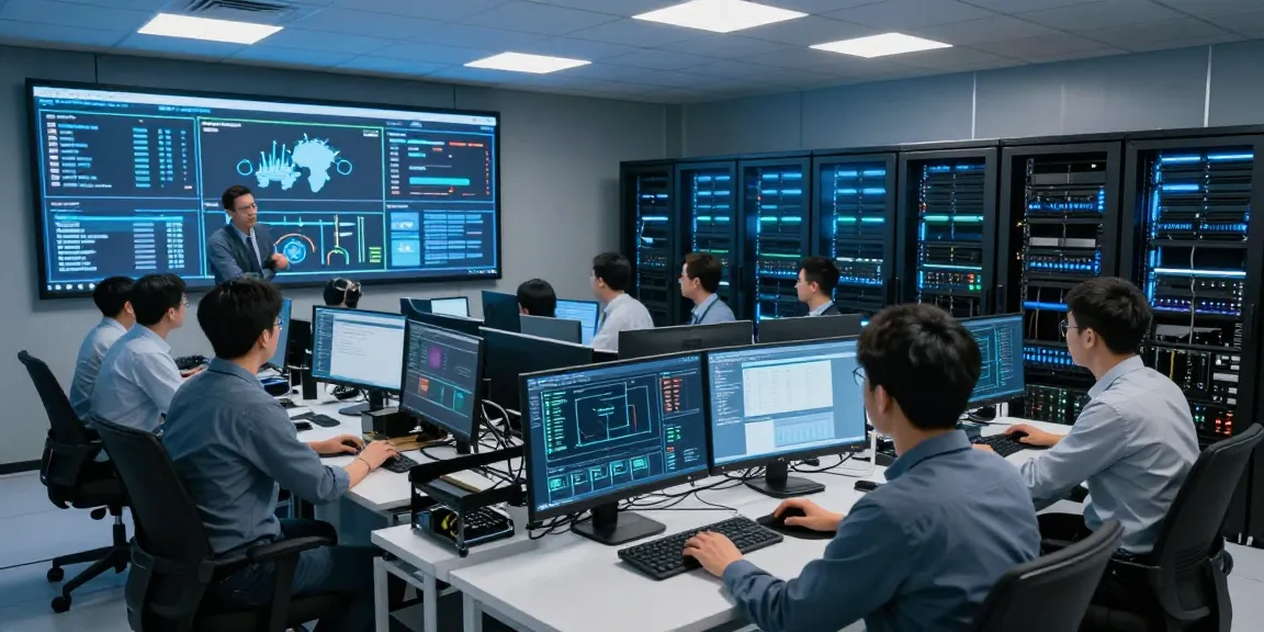 Monitoring rokok 88 server infrastructure with IT professionals in a high-tech server room.