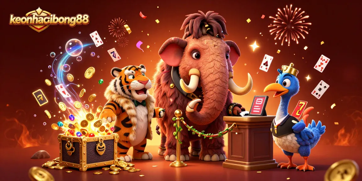 Engage with keonhacaibong88 as the woolly mammoth checks IDs at a vibrant casino entrance.