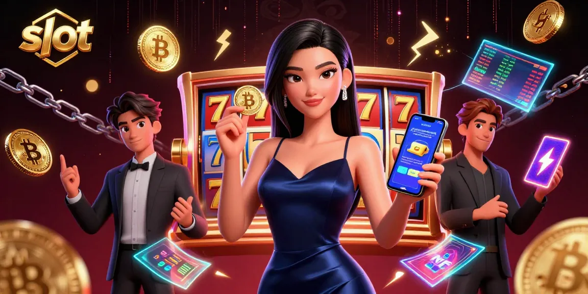 Spin slot machines to win big, featuring an elegant Asian woman with chips and a casino app.