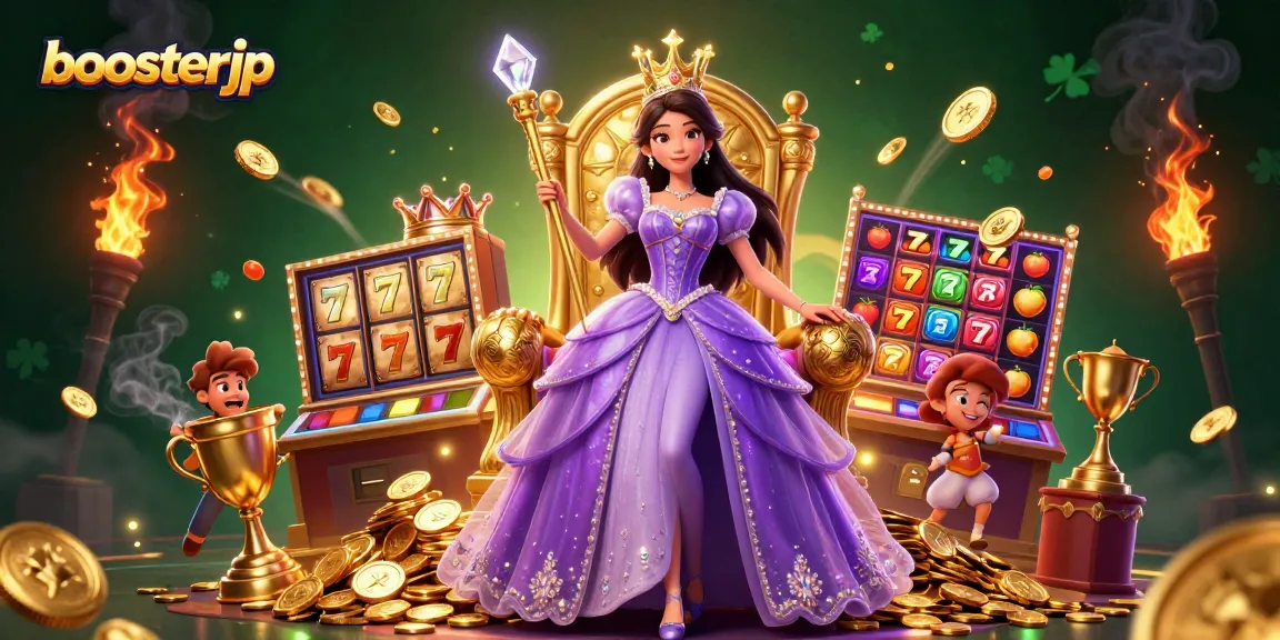 Experience the thrill of gaming with boosterjp, featuring vibrant slot machine visuals and a regal character.