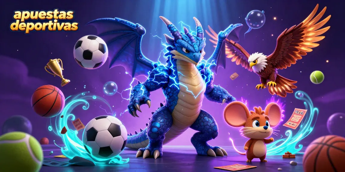 Apuestas deportivas en un emocionante diseño 3D donde un dragón y un halcón rodean elementos como pelotas y billetes de apuestas.