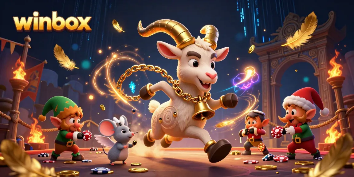 Winbox casino features a festive Krampus, angel mouse, and elf gremlins in a vibrant 3D scene.