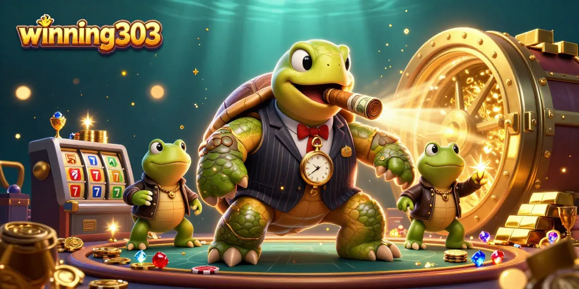 winning303 showcases a lively casino scene featuring a giant snapping turtle and bullfrogs surrounded by slot machines and sparkling treasures.