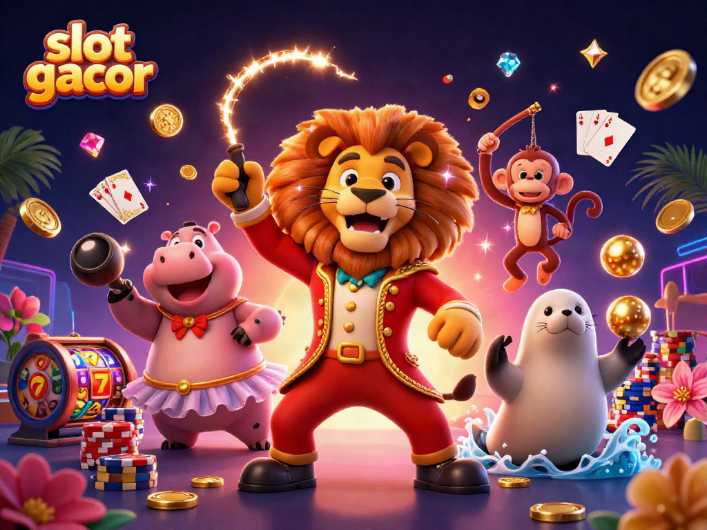 Engage with slot gacor as the lion ringmaster leads a vibrant casino scene filled with fun.