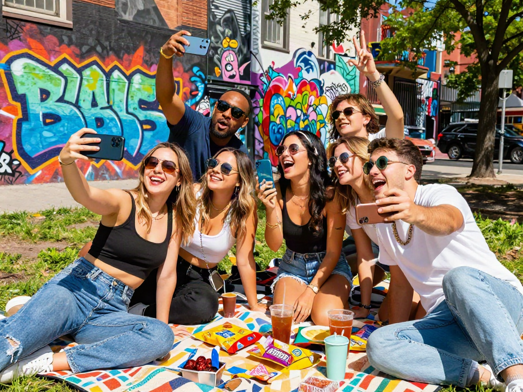Group of friends enjoying a sunny day comparing their celebrity look alike matches on smartphones