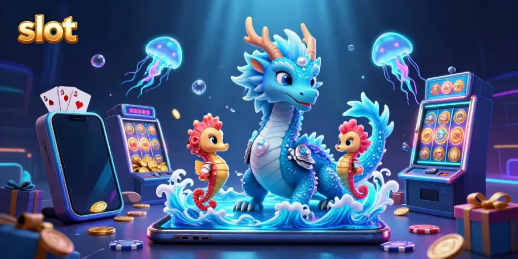 Experience thrilling slot adventures with a vibrant underwater scene featuring a dragon and seahorse knight.