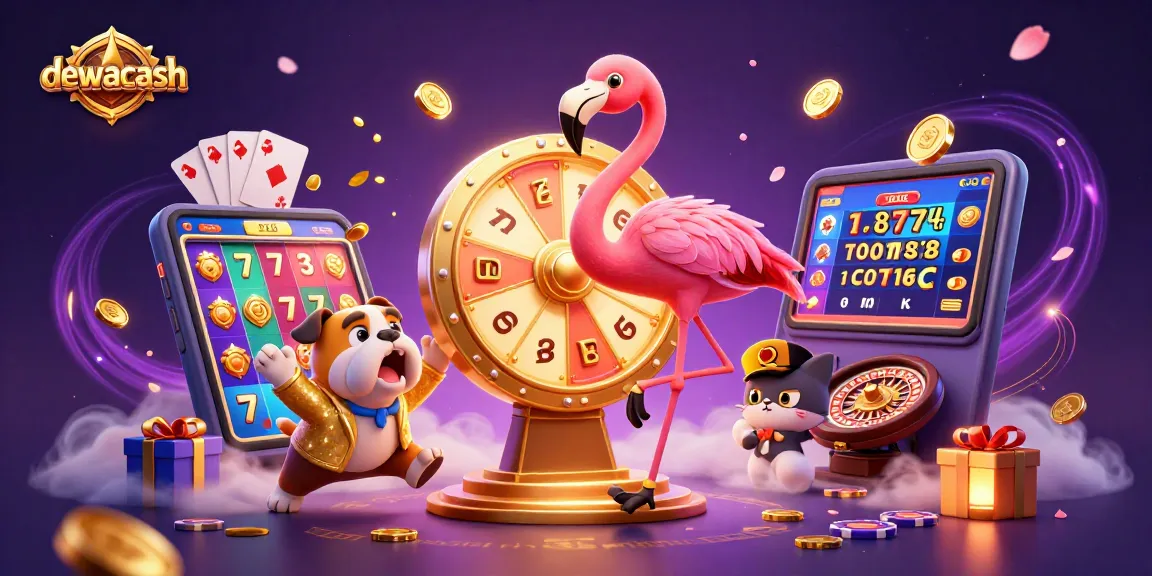 Dewacash spins excitement with a flamingo host, bulldog contestant, and cat assistant in a vibrant gaming scene.