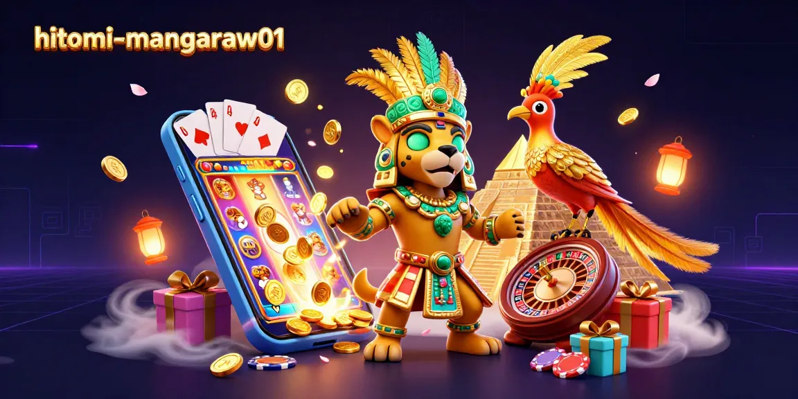 Engage in thrilling gambling with the hitomi-mangaraw01 3D illustration featuring a Mayan priest and vibrant casino elements.