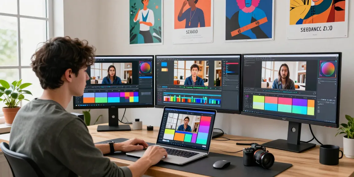 Content creator utilizing seedance 2.0 to produce dynamic videos in a vibrant workspace.