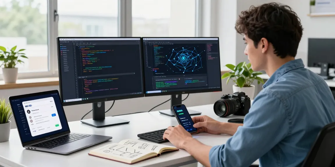 快连 software developer working on dual screens in a modern office, showcasing tech efficiency and innovation.