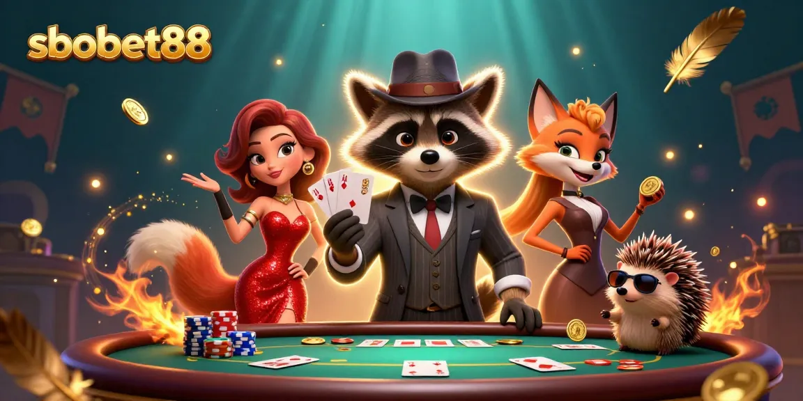 sbobet88 highlights thrilling poker action in a vibrant 3D casino scene with characters and game elements.