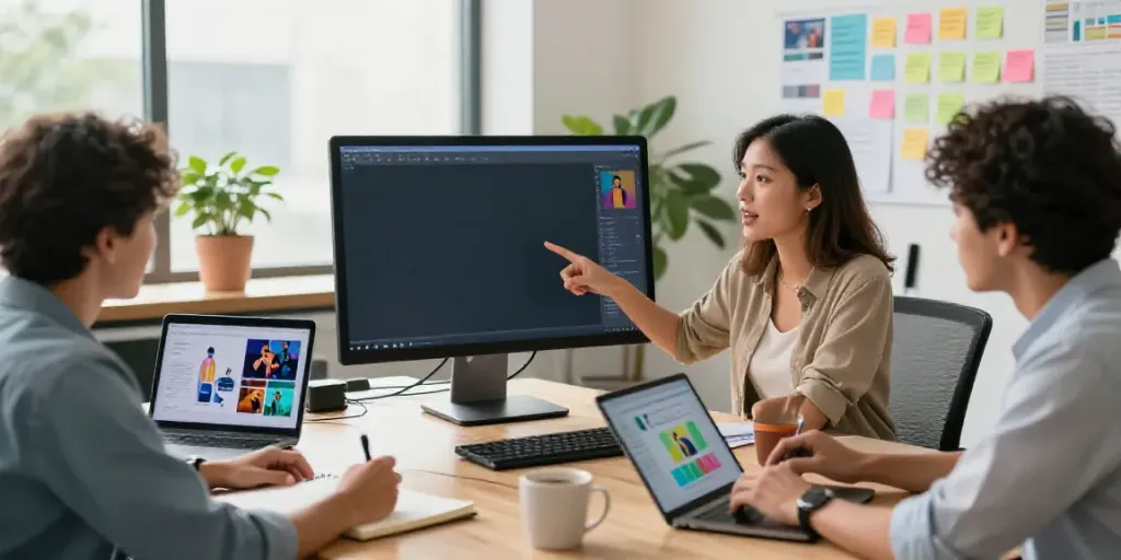 Collaborative team using an affordable AI marketing image generator in a bright, modern workspace.