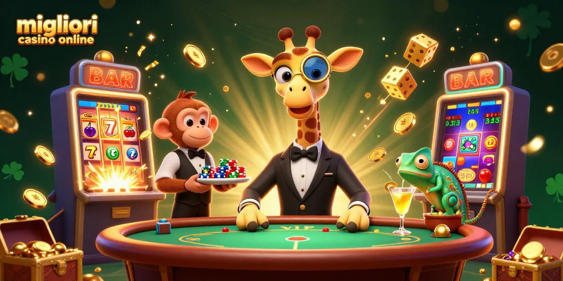 Scene dei migliori casino online con una giraffa high-roller, un valet scimmia e un bartender camaleonte tra elementi vibranti del casinò.