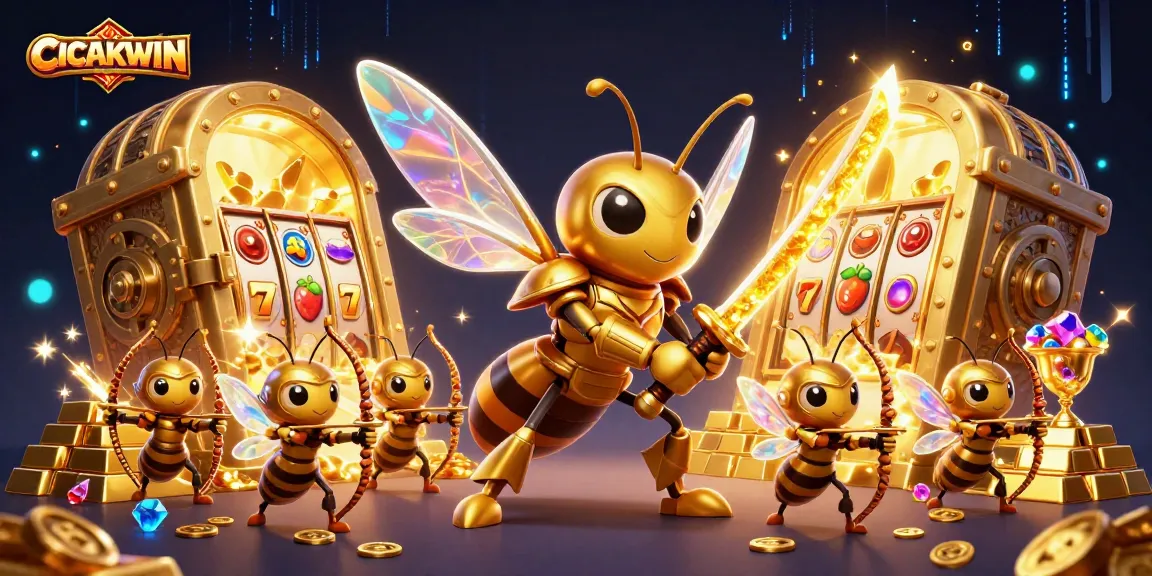 CICAKWIN showcases a vibrant casino scene with a hornet warrior amidst treasures and slot symbols
