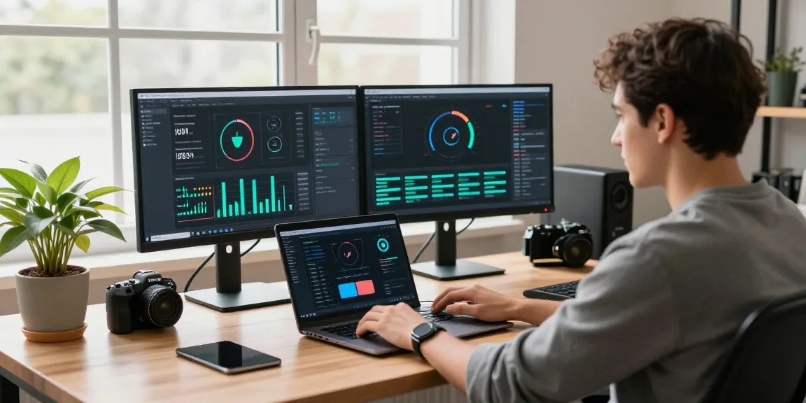 快连 user configuring VPN on a laptop in a bright tech workspace.