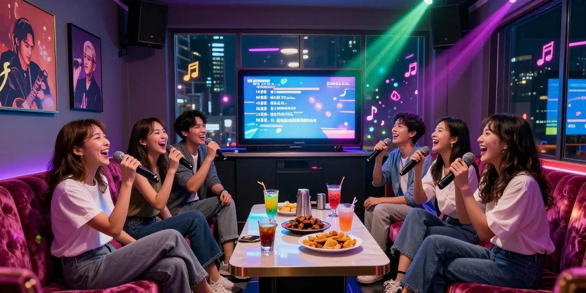 Friends enjoying vibrant 강남노래방 experience in colorful karaoke room with drinks and music.